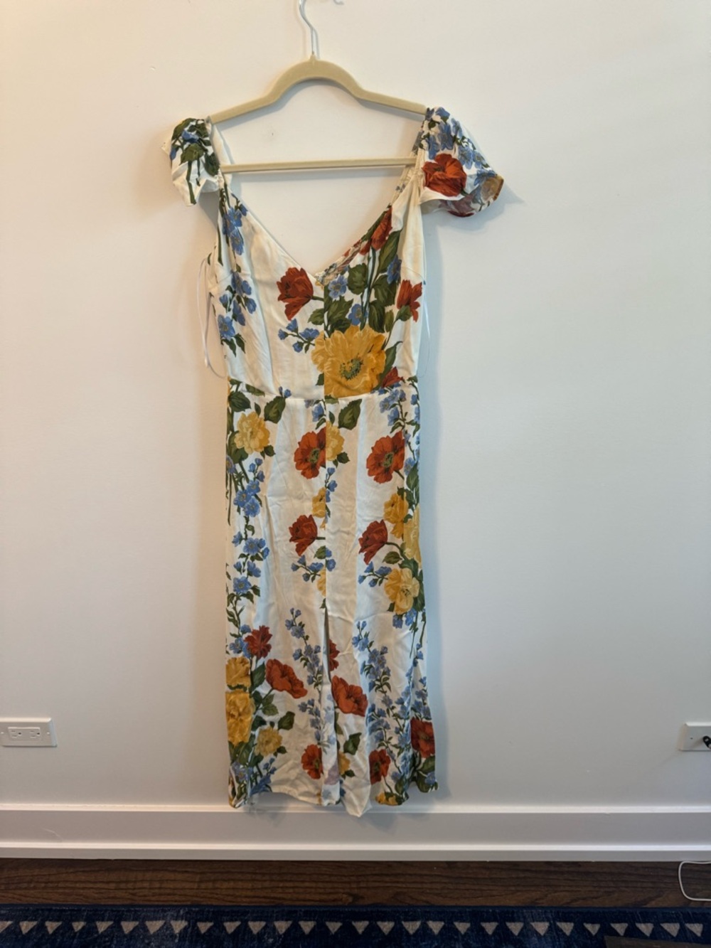 Reformation White Floral Midi Dress with Yellow, Red & Blue Blooms